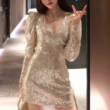 (M) Paillettenkleid im französischen Stil, schmal geschnitten, 4 Größen, Glitzerndes Ballkleid aus Polyester, Eleganz