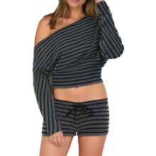 (M, Dark Grey) Women Summer 2 Piece Outfits Stylish Long Sleeve Off Shoulder Striped Crop Tops and Elastic Waist Shorts Set