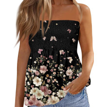 (M, Black) Women's Smocked Ruffle Tube Tops Floral Print Strapless Bandeau Tops Flowy Hem Shirts