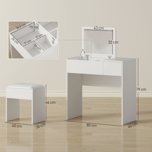 Homcom HOMCOM Dressing Table Set with Flip-up Mirror Padded Stool Sliding Drawer White 2