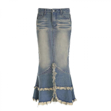 (Blue, L) American Spissy Girl Jeansrock mit Fransen im Used-Look, langer Rock mit niedrigem Bund