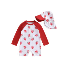 (3-4 Years, Red) Badeanzug mit Rashguard und Hut für Kleinkinder, 2-teiliges Set, Erdbeermuster, lange Ärmel