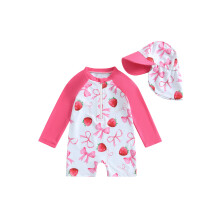(6-12 Months, Pink Red) Badeanzug mit Rashguard und Hut für Kleinkinder, 2-teiliges Set, Erdbeermuster, lange Ärmel