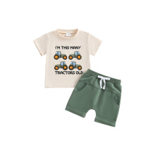 (18-24 Months, Khaki) Conjunto de verano para bebé: camiseta corta de tractor y pantalones cortos elásticos.