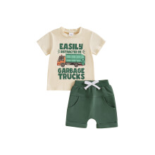 (6-12 Months, Green) Conjunto de 2 piezas para bebé: camiseta corta de camión y pantalón corto liso, ideal para verano.