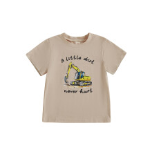 (4-5 Years, Khaki) Kinder T-shirt jongens, korte mouwen, ronde hals, met graafmachine print. Zomerse top, casual dagelijkse kleding.