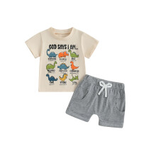 (0-6 Months, Beige) Conjunto de verano para niño: camiseta de manga corta con estampado de dinosaurios y pantalones cortos lisos.