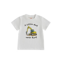 (5-6 Years, White) Kinder T-shirt jongens, korte mouwen, ronde hals, met graafmachine print. Zomerse top, casual dagelijkse kleding.