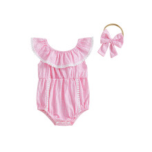 (12-18 Months, Pink) Tutina da neonata a quadri con pizzo, nappe e volant, colletto elastico, body per neonate con fascia per capelli