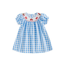 (5-6 Years, Sky Blue) Kariertes Sommerkleid für Mädchen, elegantes Kurzarmkleid mit Rundhalsausschnitt und Stickerei