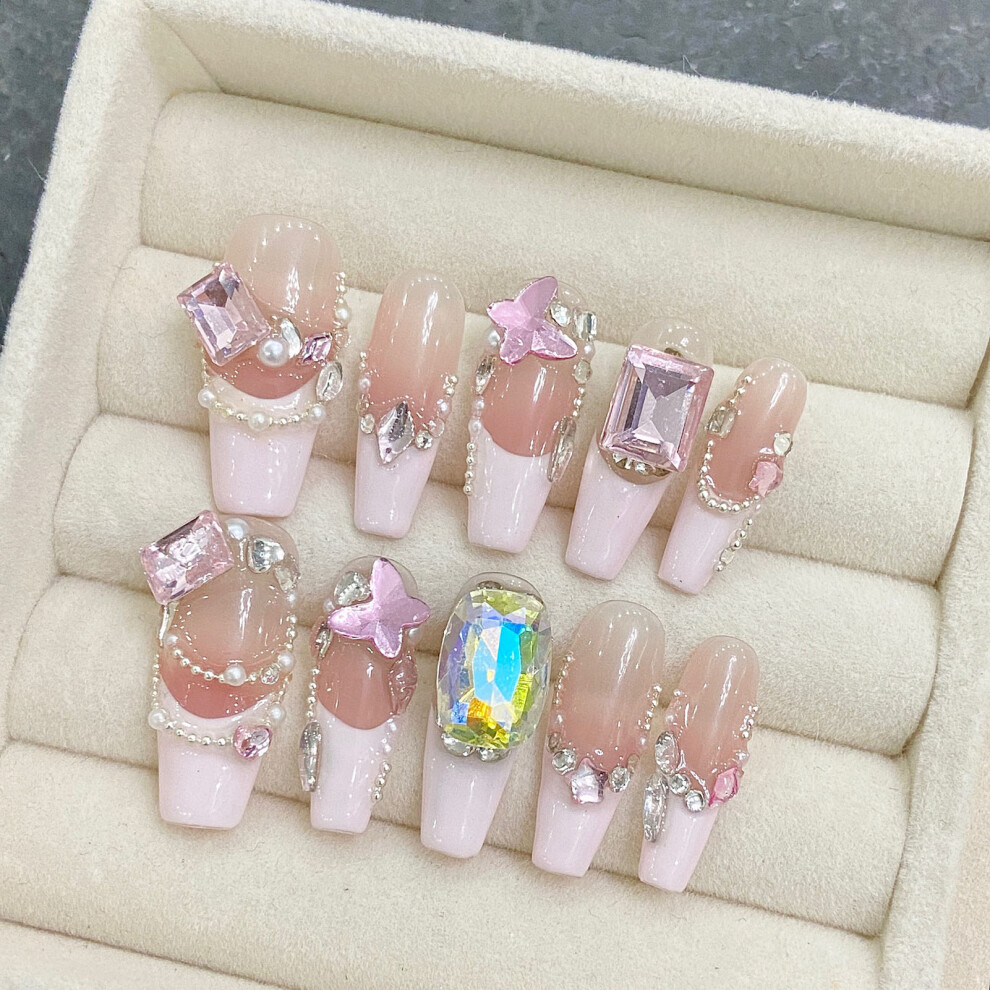 Penghui-Toys (S) Salon Fake Nails Press On Nails Full Rhinestone Pink Extra Long Coffin Fake Nails For Finger Decoration Home Nail Diy