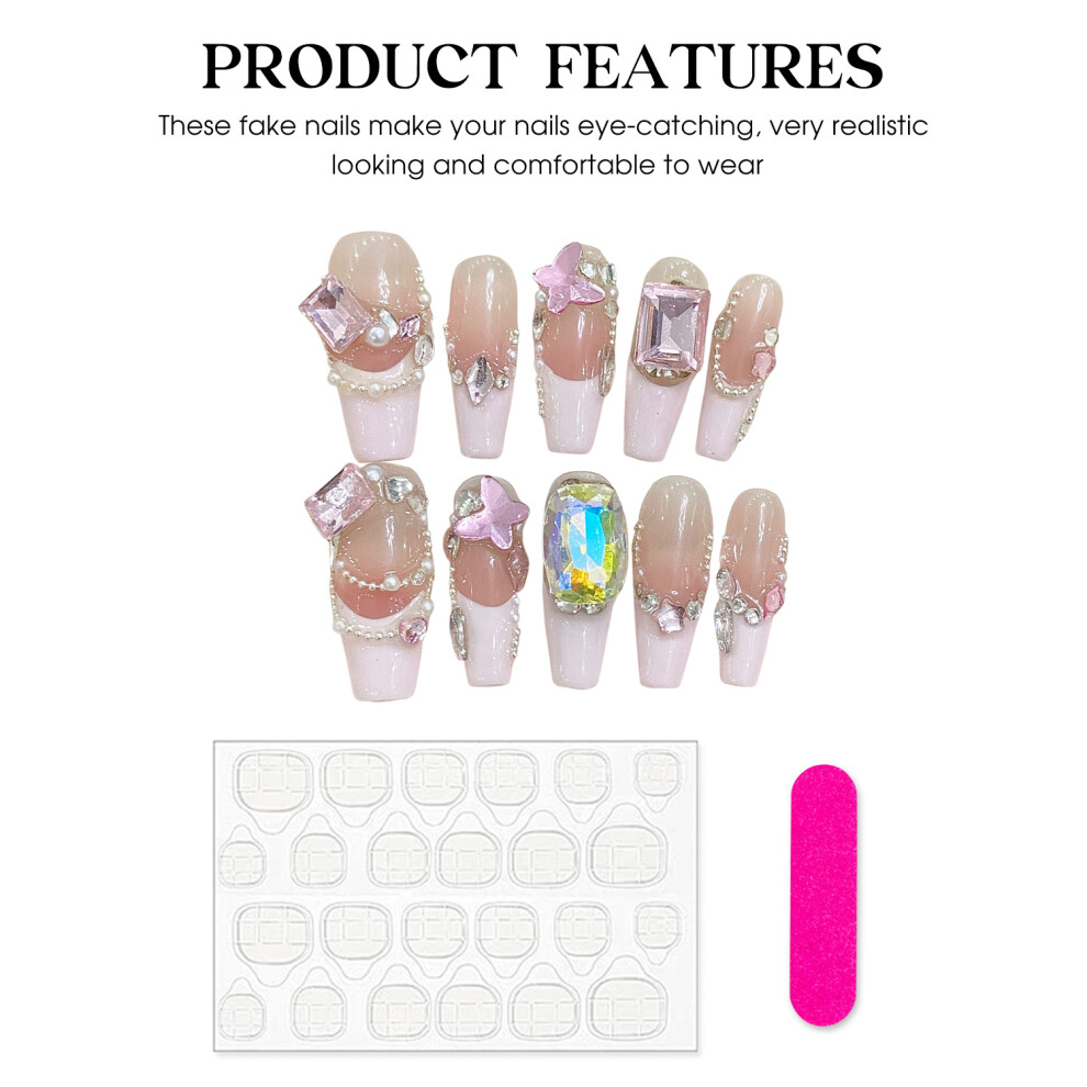 Penghui-Toys (M) Salon Fake Nails Press On Nails Full Rhinestone Pink Extra Long Coffin Fake Nails For Finger Decoration Home Nail Diy