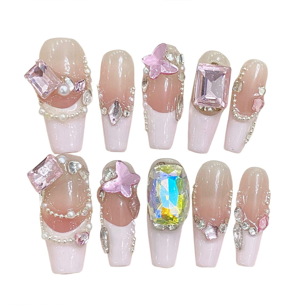 Penghui-Toys (Xs) Salon Fake Nails Press On Nails Full Rhinestone Pink Extra Long Coffin Fake Nails For Finger Decoration Home Nail Diy