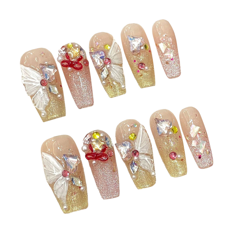 Penghui-Toys (L) Full Glitter Fake Nails With Flower Decor Odorless Provides A Comfortable Experience For Working Dating Or Partying