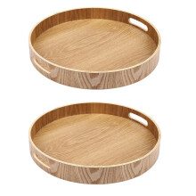 2X Runde Bambus Holz Tablett für Abendessen Tabletts Tee Bar Frühstück Essen Behaelter Griff Ablage 3