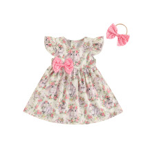 (0-6 Months, Beige) Osterkleid für Kleinkinder, Mädchen, Hasenmuster, ärmelloses Sommerkleid mit Schleife und Stirnband