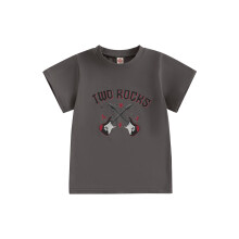 (2-3 Years, Gray) T-shirt voor peuterjongens, verjaardagsthema, gitaarletterprint, korte mouwen, ronde hals, grafische print.