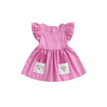 (4-5 Years, Pink) Kislány nyári pöttyös, lenge ujjú, szögletes nyakú, nyuszi hímzéses, zsebes, A-vonalú ruha