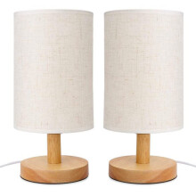 2X DC5V Lampe de Table de Chevet Ronde Lampe de Chevet Avec Abat-Jour en Tissu Et Bois Massif pour Chambre à Coucher