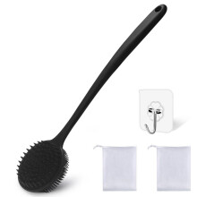 Dual-Sided Silicone Shower Brush - Long Handle Back Scrubber for Exfoliation & Massage, Creates Rich Lather