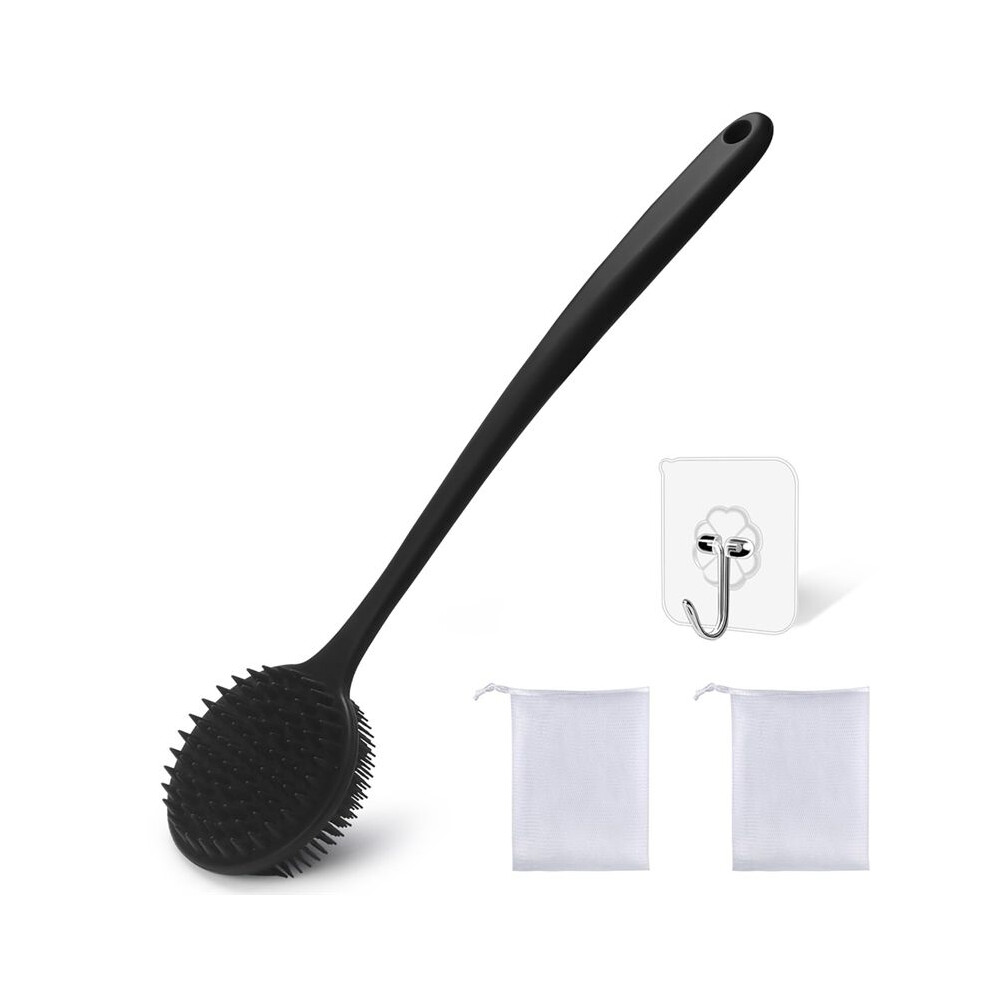 Dual-Sided Silicone Shower Brush - Long Handle Back Scrubber for Exfoliation & Massage, Creates Rich Lather
