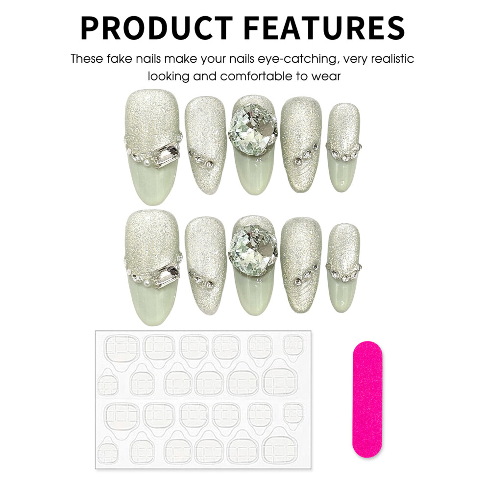 Penghui-Toys (Medium Ellipse) Green Cat Eyes Press On Nails With French Tip Resin Material Zero Pressure On Nail Bed For Women And Girl Nail Salon