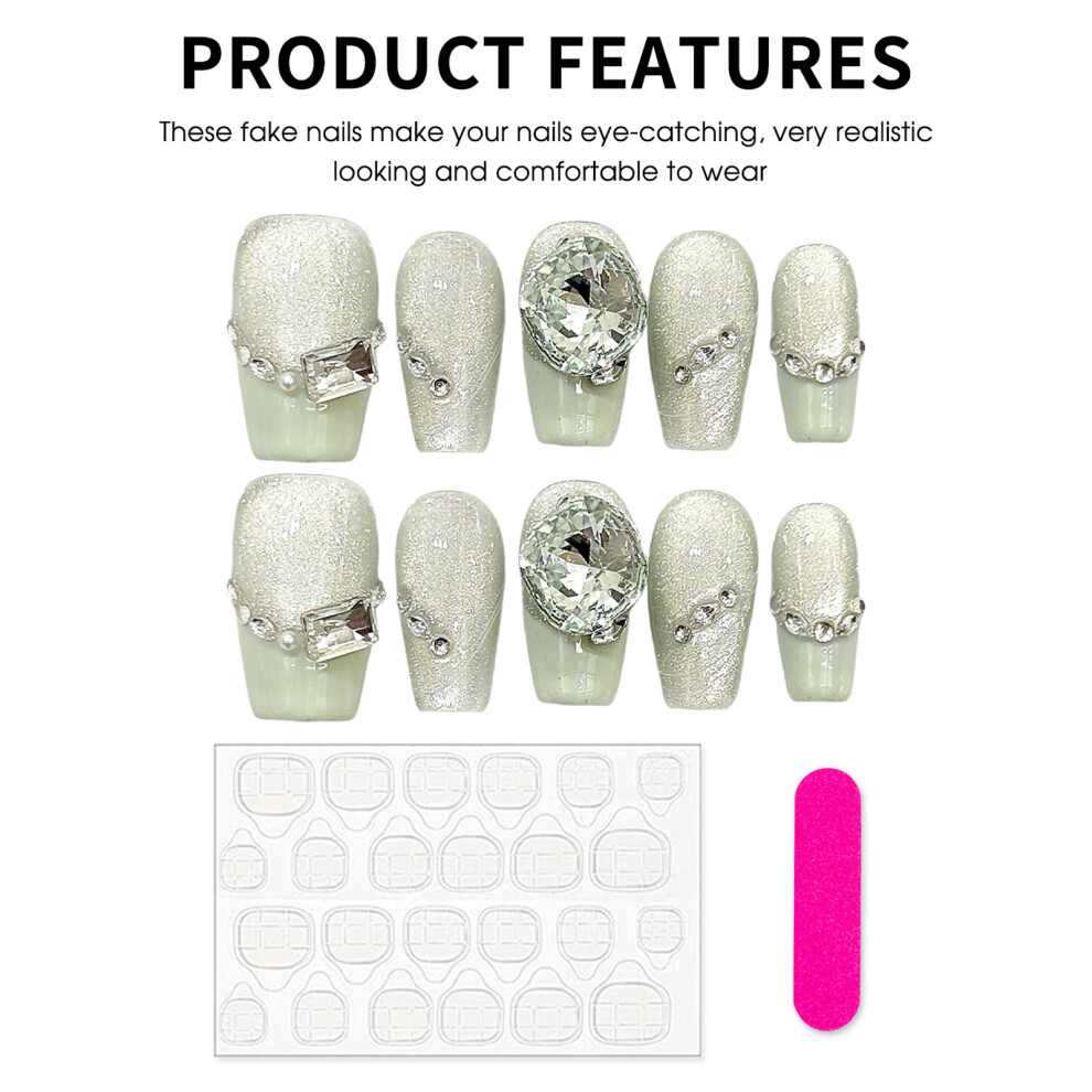 Penghui-Toys (Short Ladder) Green Cat Eyes Press On Nails With French Tip Resin Material Zero Pressure On Nail Bed For Women And Girl Nail Salon