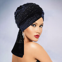 (Black) Women\'s Rhinestone Turban Head Wrap - 50 Char