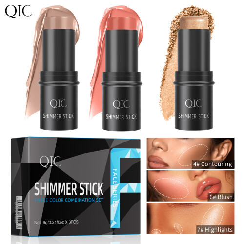 QIC 3-Color Shimmer Stick Set - Multi-Use Highlighter, Blush & Eyeshadow Stick for Face 1
