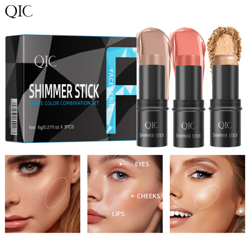 QIC 3-Color Shimmer Stick Set - Multi-Use Highlighter, Blush & Eyeshadow Stick for Face
