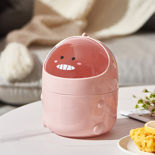 S Pink Plastic Desktop Trash Can with Lid - Mini
