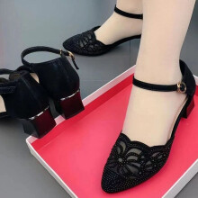 (Black, 36) Sandales Talons Bas Femme Noir