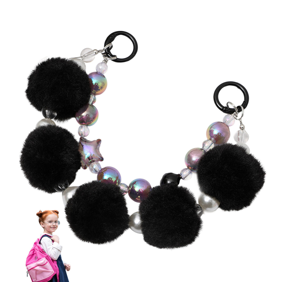 (9) Beaded Phone Lanyard With Plush Ball Keyring 6424024563589