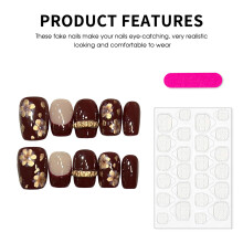 (1239 Short Square, XS) 10Pcs Gold Floral Press On Nails Short Square Fake Nails