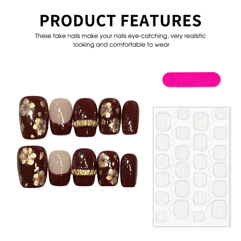 Dachuang Beauty (1239 Short Square, S) 10Pcs Gold Floral Press On Nails Short Square Fake Nails