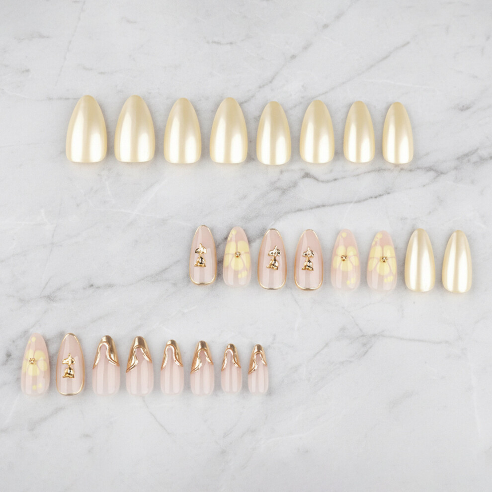 Dachuang Beauty 3D Gold Floral Almond Press On Nails - 24 Pcs