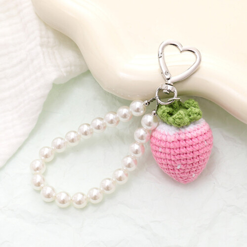 (Pink strawberries) Fruit Pearl Keychain - Cute Home Decor Gift 1