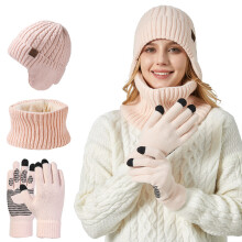 (Pink) Winter Hat Scarf Gloves Set for Cold Weather