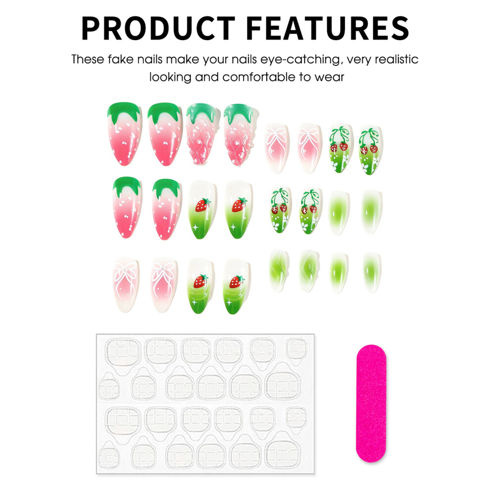 Phui-Pet-Supplies 24Pcs Almond Fake Nails 3D Floral Strawberry Green Gradient