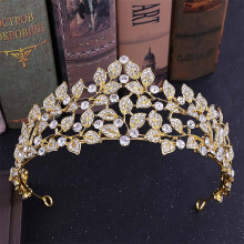(Gold) Luxury Vintage Baroque Hair Gold Color Leaf Crown Shinning Rhinestone Wedding Hair Accessories Head Jewelry Bridal Crown