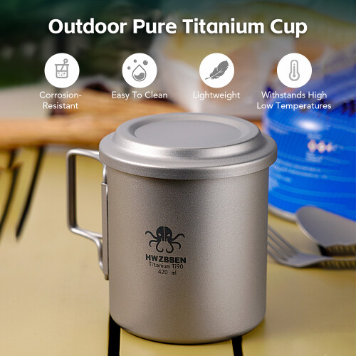 420ml Titanium Tea Mug with Folding Handle & Strainer for Camping & Outdoor Use