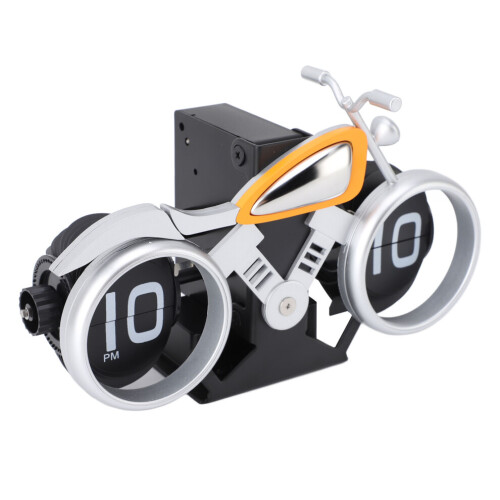 Mechanical Flip Clock Motorcycle Desk Clock Silver Orange, AA Powered