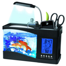 Mini Fish Tank with Colourful LED Light LCD Display, Acrylic Desktop Aquarium with Digital Clock and Temperature Monitor