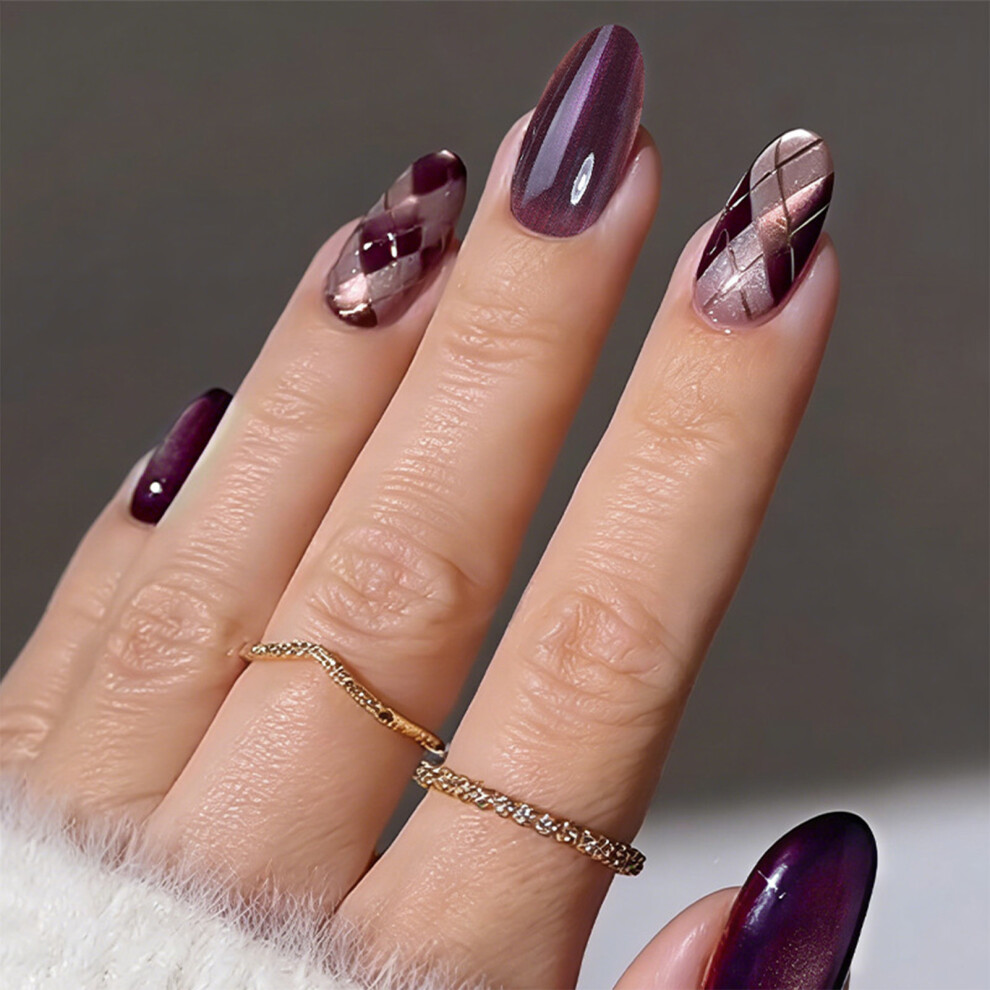 Dachuang Beauty Burgundy 30Pcs Rhombus Press On Nails Short Almond
