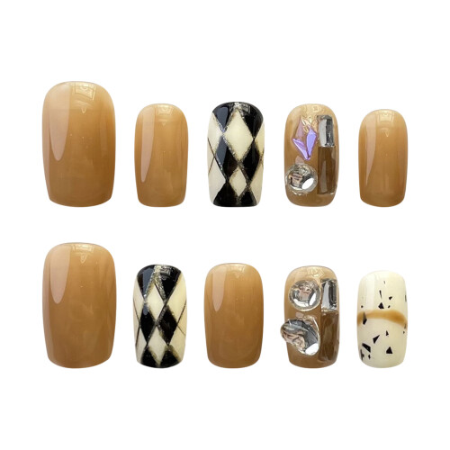 (Autumn) 10Pcs Gold Checkerboard Press On Nails 2