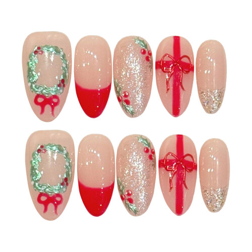 (XS) Christmas Red Almond Press On Nails 1