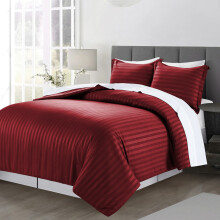 (Burgundy Red, Single: 137 X 200 CM) Stripe Duvet Quilt Cover Reversible Bedding Set with Pillowcases