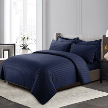 (Navy Blue, Single: 137 X 200 CM) Stripe Duvet Quilt Cover Reversible Bedding Set with Pillowcases