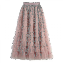 (Pink) Abito lungo in tulle multistrato con elastico in vita, lunghezza gonna 95 cm