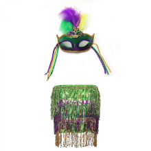 (Feather mask and ski) A two-piece sequined mask and dress set, perfect for a masquerade ball.